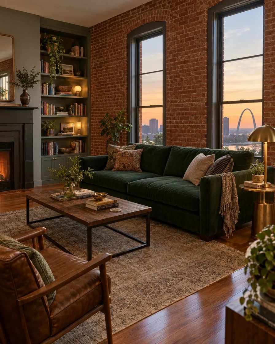 A warm living room with exposed brick and a green sofa